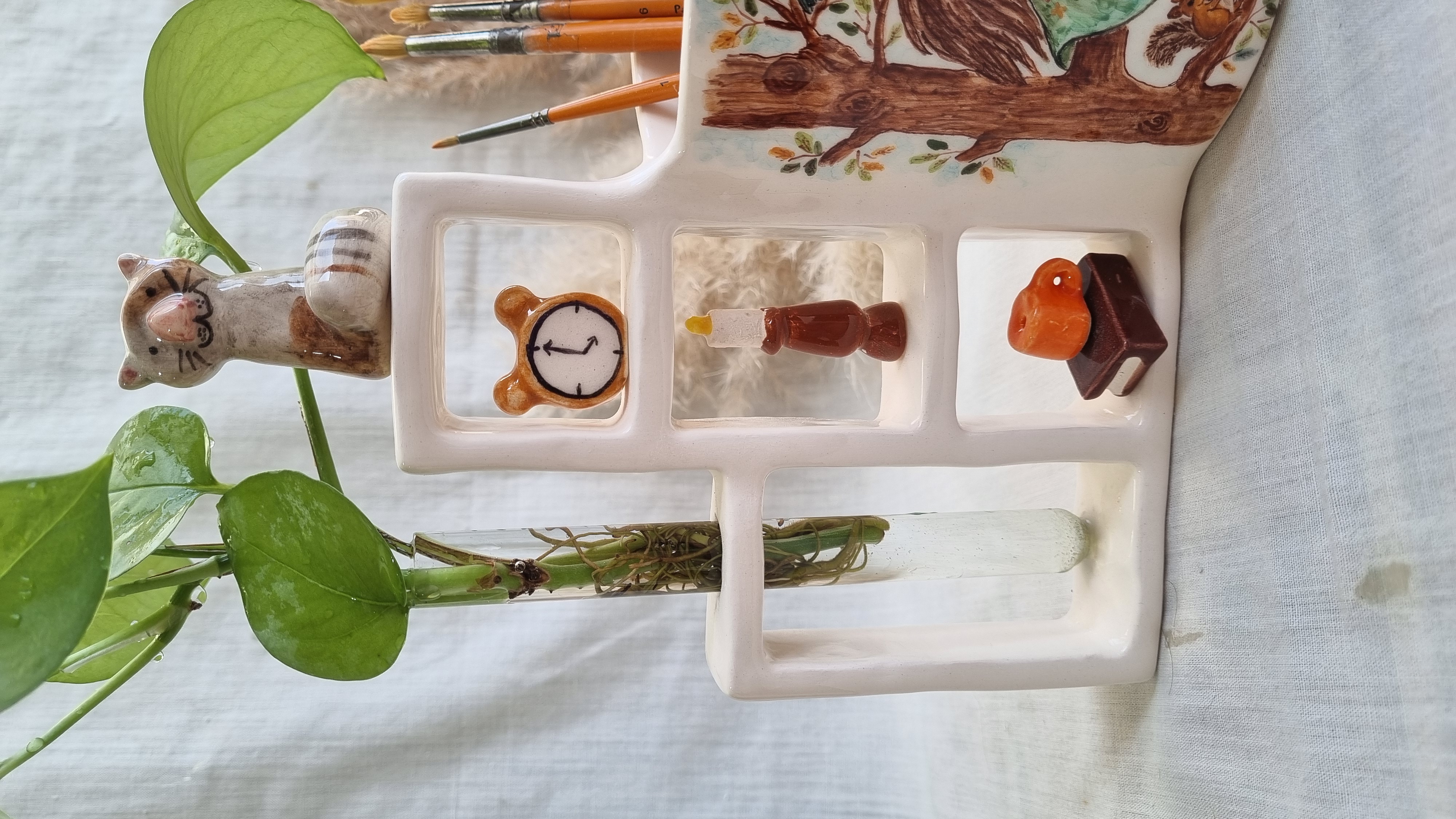 Handmade ceramic desk pen holder with autumn girl design