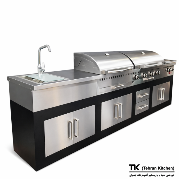 Tehran Kitchen 370 cm Full-Option Gas & Charcoal BBQ with Sink, Fryer & Stainless-Steel Front