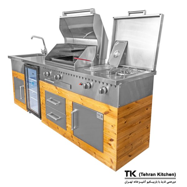 Tehran Kitchen 242 cm Gas & Charcoal BBQ with Stainless Steel Cabinet, Thermowood Finish, Fryer, Burner & Sink