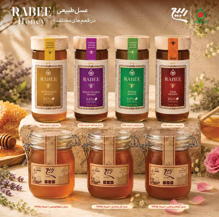 Rabee Natural Honey Assorted Varieties  Multi Floral, Sidr, Thyme, Astragalus and Wild Plant Honey 650g and 1000g Glass Jars