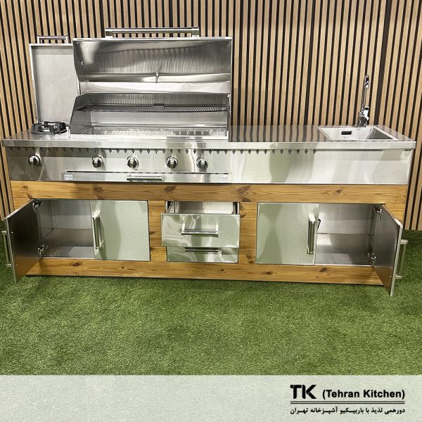 Гриль Tehran Kitchen 242 см на газу и углях с шкафом из нержавеющей стали и отделкой из термодерева