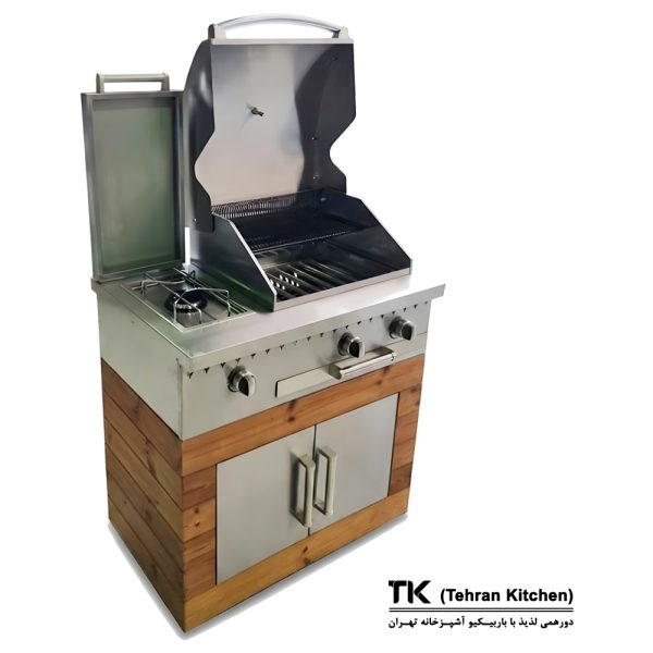 Tehran Kitchen 92 cm Gas & Charcoal BBQ with Stainless-Steel Cabinet, Thermowood Finish & Side Burner