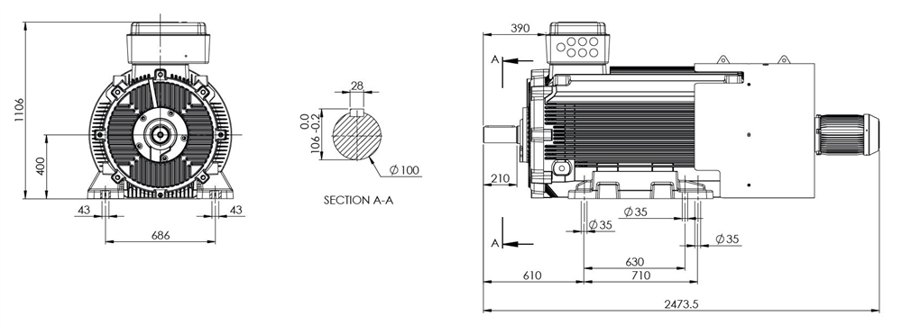Single-speed three-phase induction electromotor with cast iron frame 400XL6B 500-1000 55F 400/690 IC 411