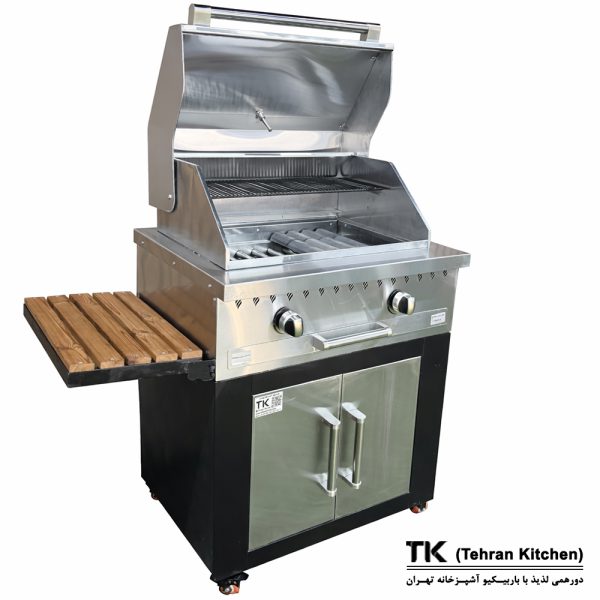 Tehran Kitchen 75 cm Gas & Charcoal BBQ with Cabinet, Stainless-Steel Top & Front, 10-Burner Grill