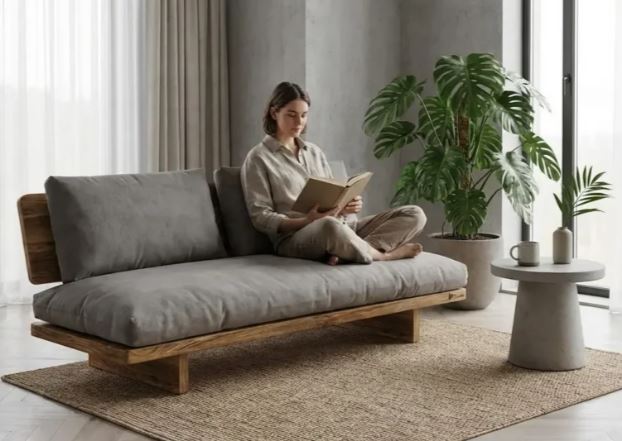 Zed Design Modern Minimalist Walnut Wood Upholstered Sofa Bench