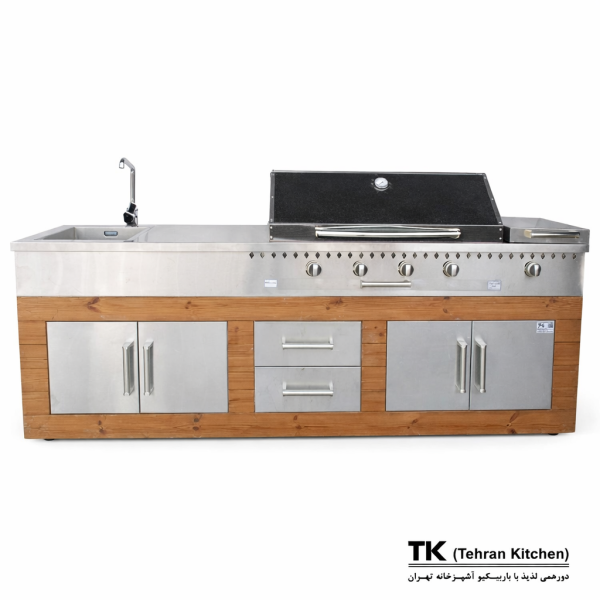 Гриль Tehran Kitchen 242 см на газу и углях с шкафом из нержавеющей стали и отделкой из термодерева