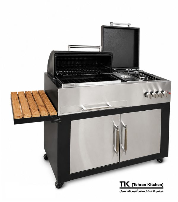 Tehran Kitchen 110 cm Gas & Charcoal BBQ with Side Burner, Fryer, Cabinet & Stainless-Steel Front