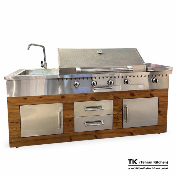 Tehran Kitchen 190 cm Gas & Charcoal BBQ with Cabinet, Stainless-Steel Top, Thermowood Panels, Side Burner & Sink