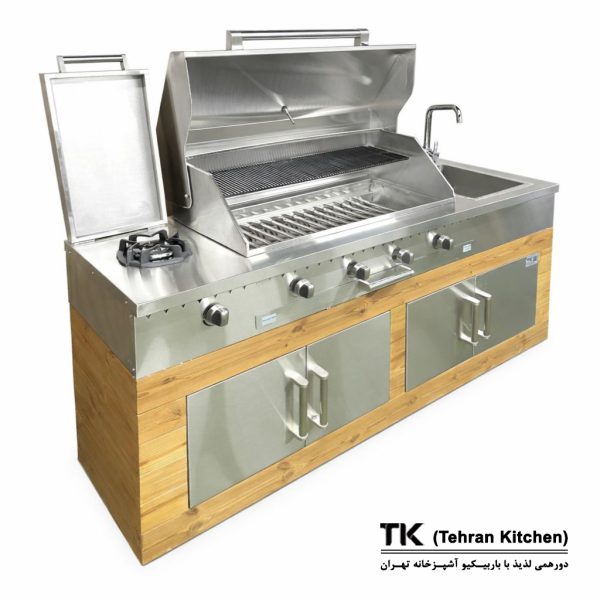 Tehran Kitchen 190 cm Gas & Charcoal BBQ with Cabinet, Stainless-Steel Top, Thermowood Panels, Side Burner & Sink