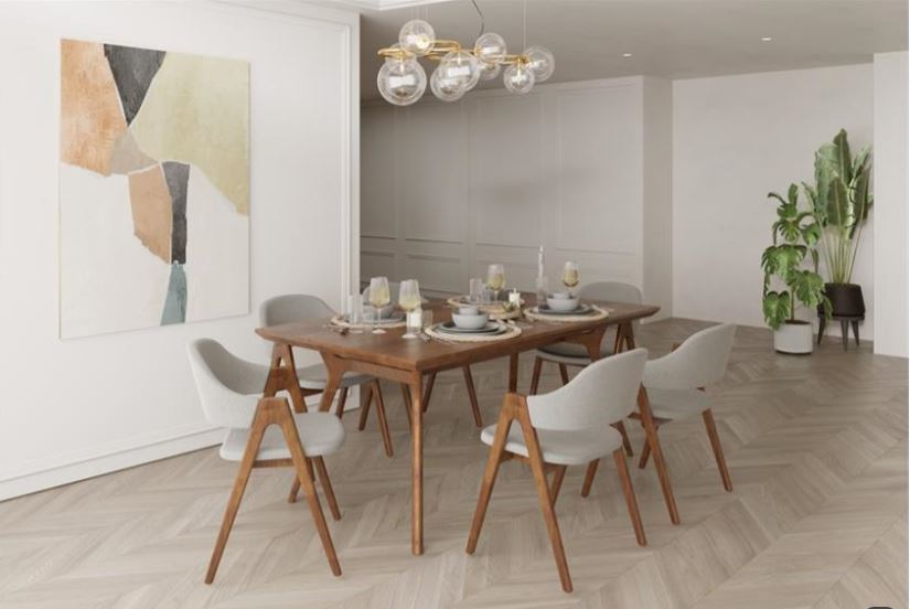 ARAN , Scandinavian Dining Set with Beech-Veneered Table & Curved Upholstered Chairs