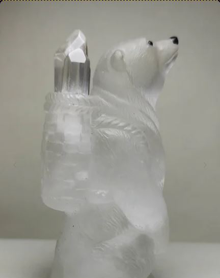 Handcrafted Natural Quartz Polar Bear Tabletop Perfume Bottle with Obsidian Eyes and Ice Crystal Cap